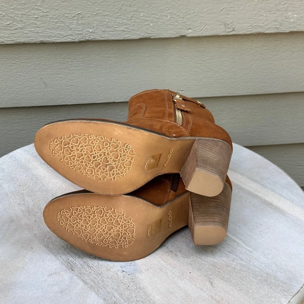 Aldo Olenalla Cognac Brown Leather Ankle Boots Block Heel Gold Zip Women 8.5 39 - Picture 6 of 14